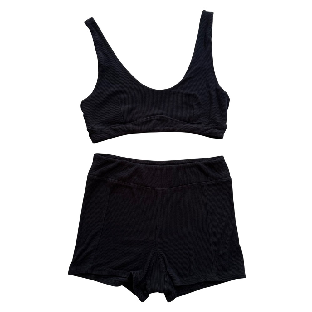 Free People Intimately Ribbed Lounge Set Bralette-M Shorts-L Double Bar Black